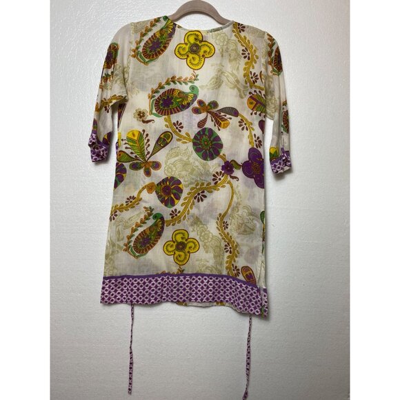 Bohemian Floral Tunic Top With‎ 3/4 Sleeves & Tie Waist Size Small 100% Cotton - Picture 2 of 3